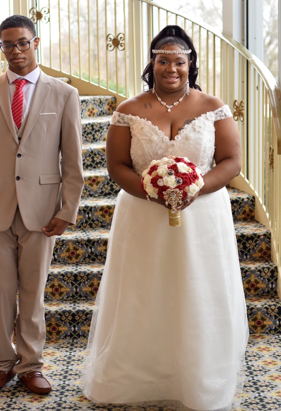 Full Front Wedding Dress Woman with Red and White Roses